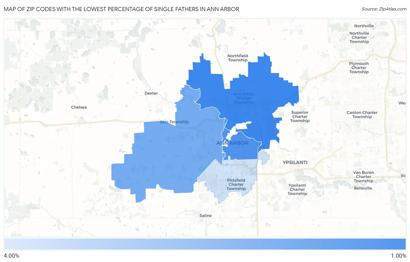 Zip Codes with the Lowest Percentage of Single Fathers in Ann Arbor Map