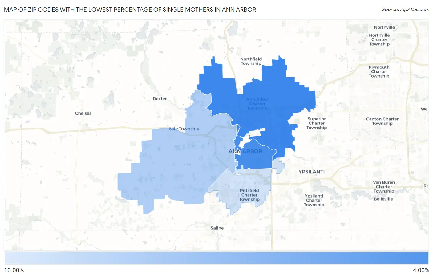 Zip Codes with the Lowest Percentage of Single Mothers in Ann Arbor Map