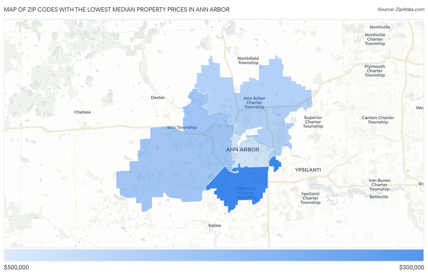 Zip Codes with the Lowest Median Property Prices in Ann Arbor Map