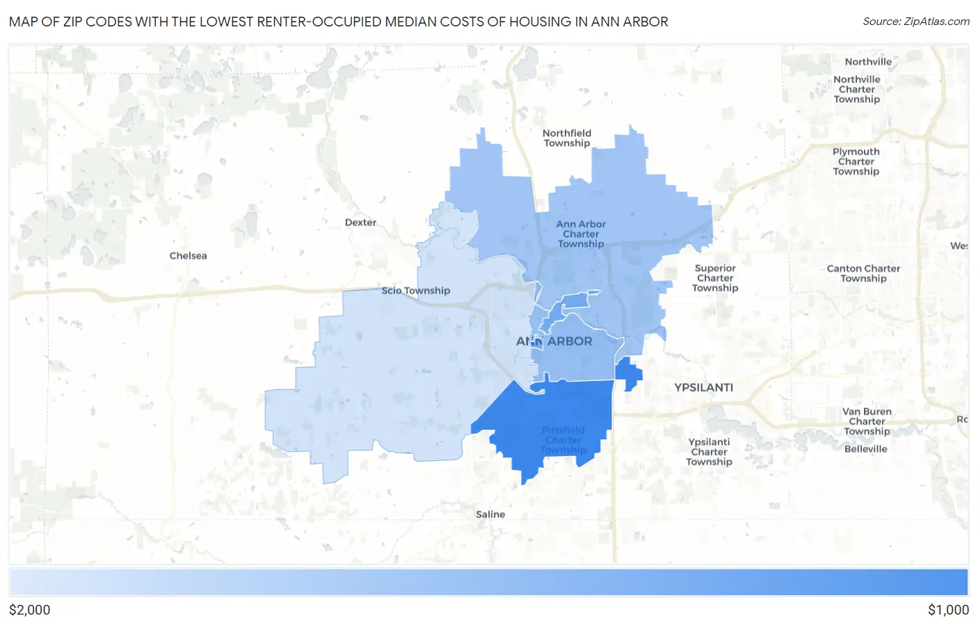 Zip Codes with the Lowest Renter-Occupied Median Costs of Housing in Ann Arbor Map