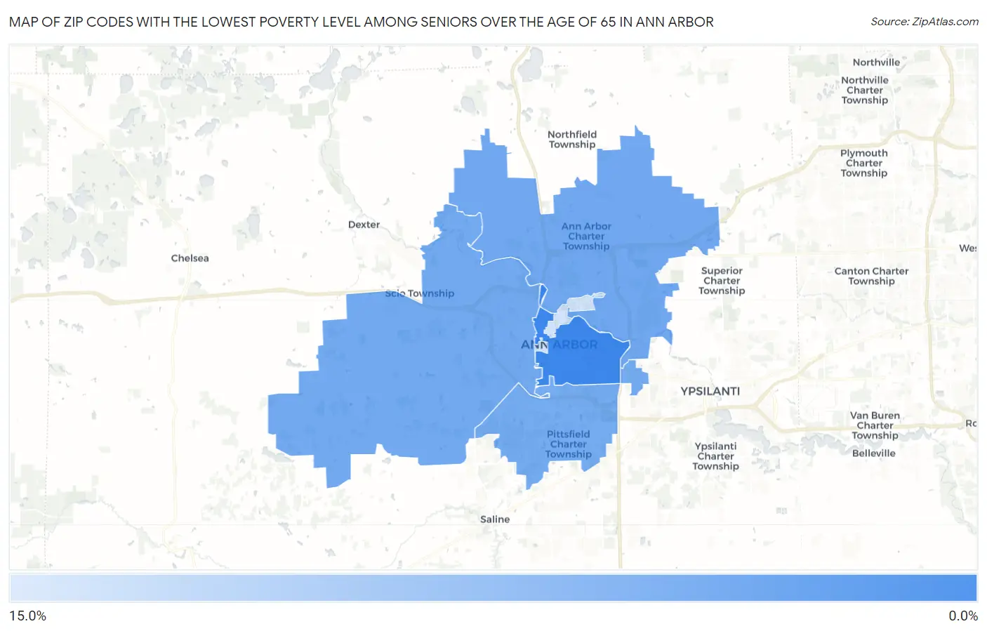 Zip Codes with the Lowest Poverty Level Among Seniors Over the Age of 65 in Ann Arbor Map