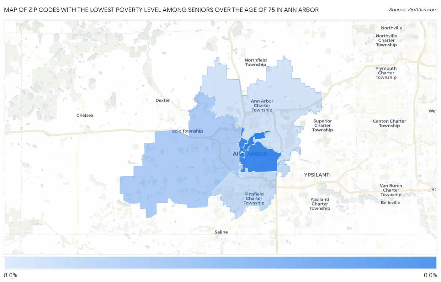 Zip Codes with the Lowest Poverty Level Among Seniors Over the Age of 75 in Ann Arbor Map