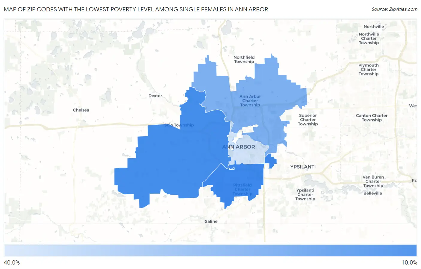 Zip Codes with the Lowest Poverty Level Among Single Females in Ann Arbor Map