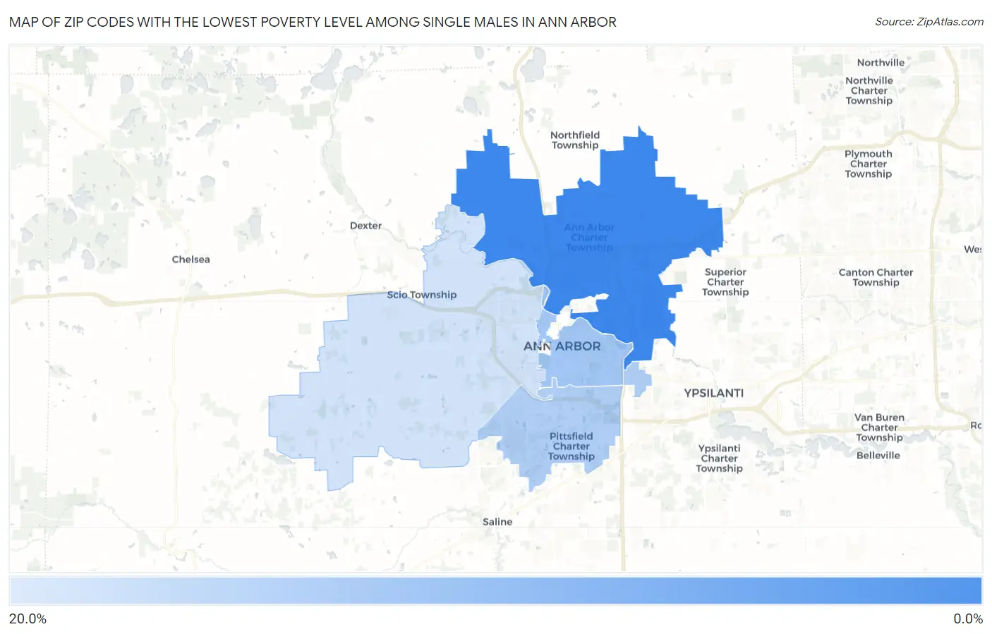 Zip Codes with the Lowest Poverty Level Among Single Males in Ann Arbor Map