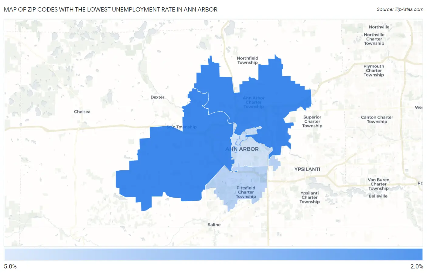 Zip Codes with the Lowest Unemployment Rate in Ann Arbor Map