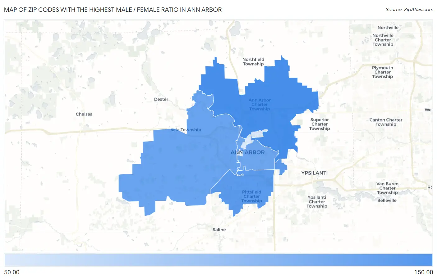 Zip Codes with the Highest Male / Female Ratio in Ann Arbor Map