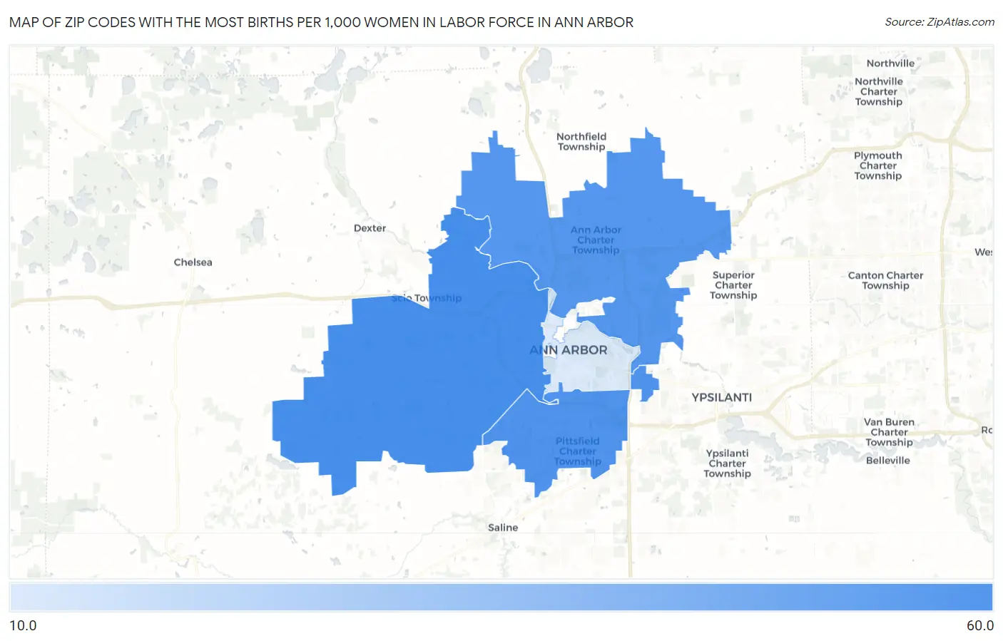 Zip Codes with the Most Births per 1,000 Women in Labor Force in Ann Arbor Map