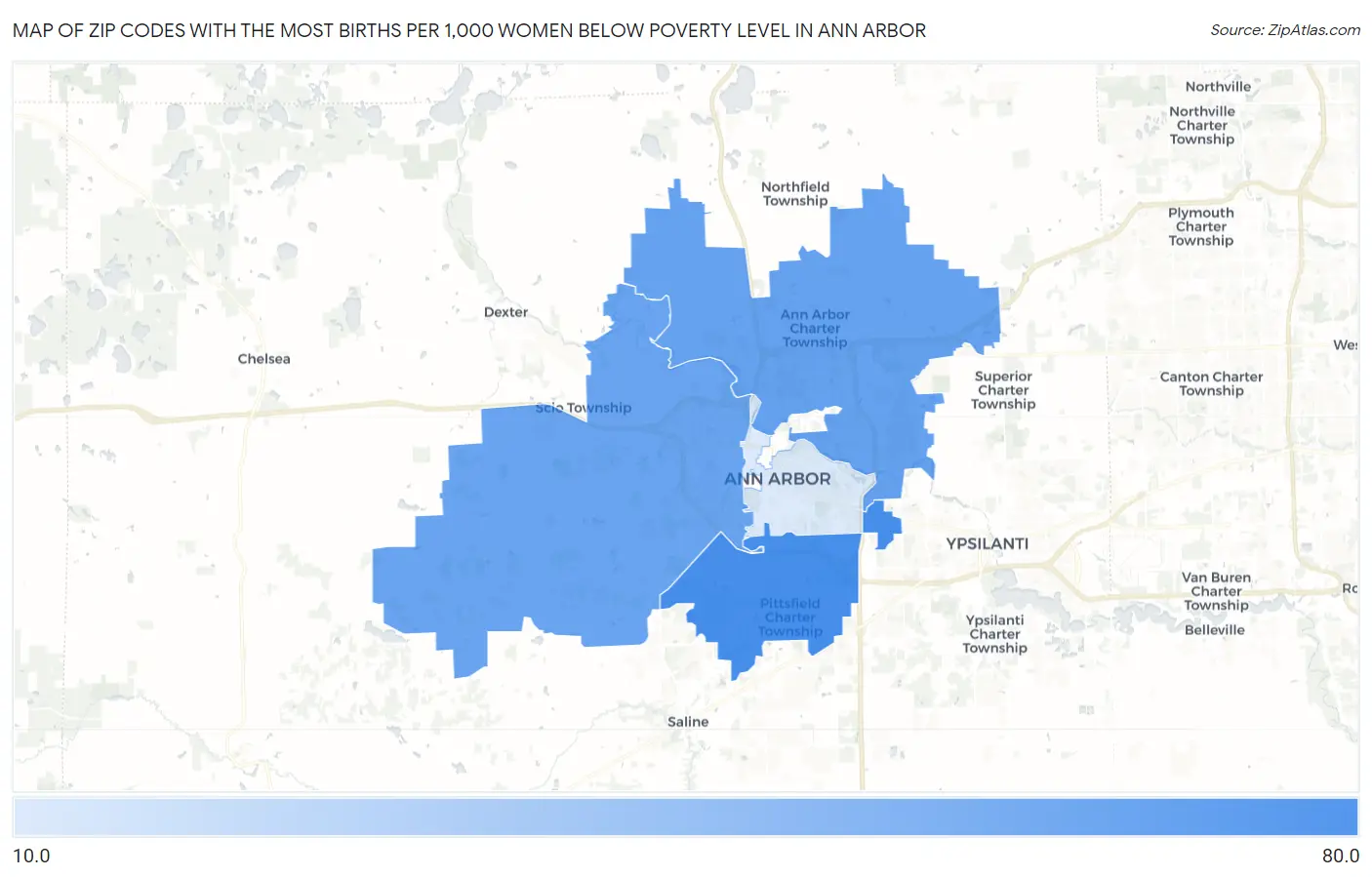Zip Codes with the Most Births per 1,000 Women Below Poverty Level in Ann Arbor Map