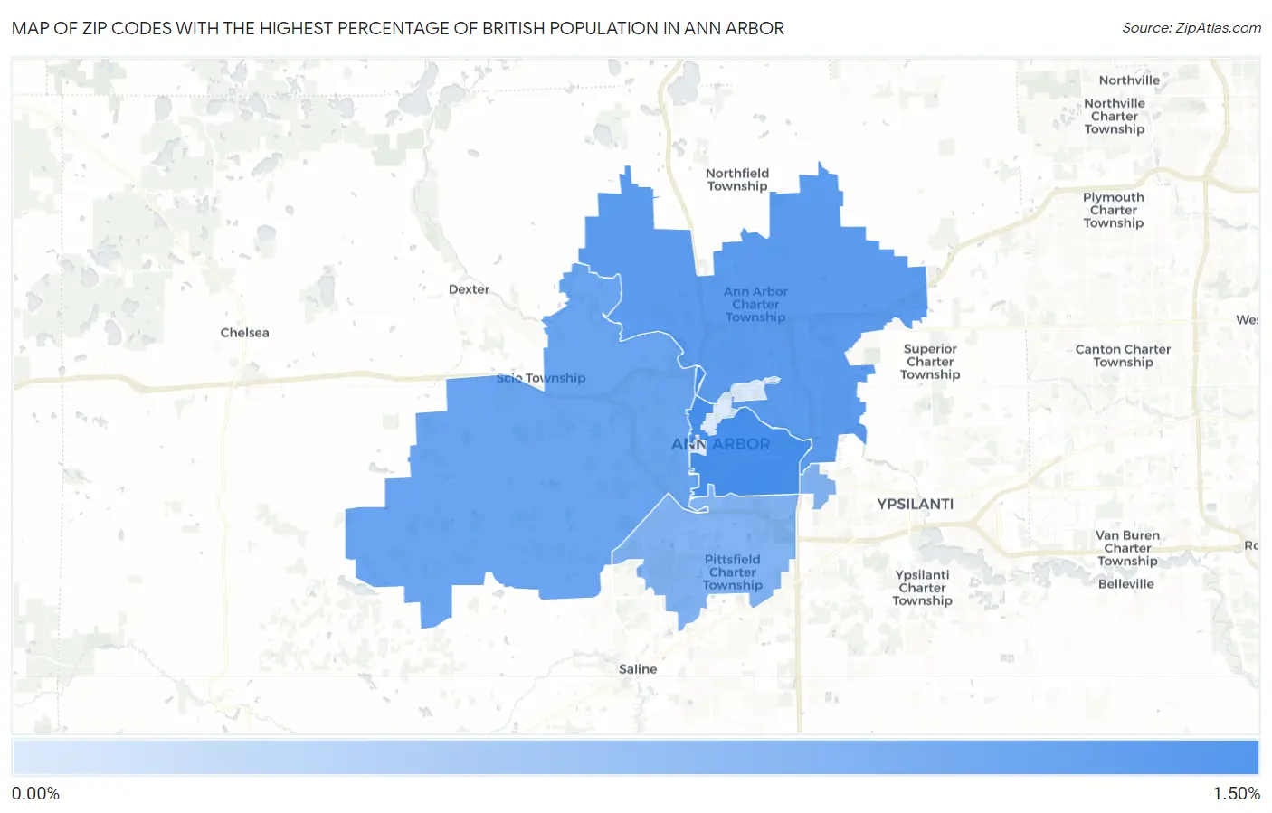Zip Codes with the Highest Percentage of British Population in Ann Arbor Map