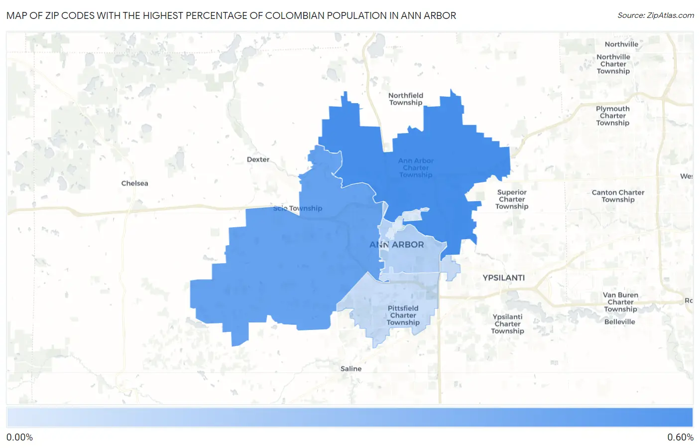 Zip Codes with the Highest Percentage of Colombian Population in Ann Arbor Map