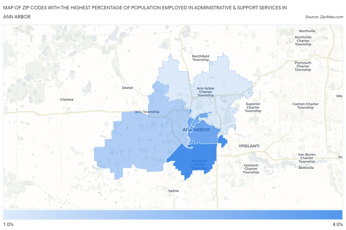 Zip Codes with the Highest Percentage of Population Employed in Administrative & Support Services in Ann Arbor Map