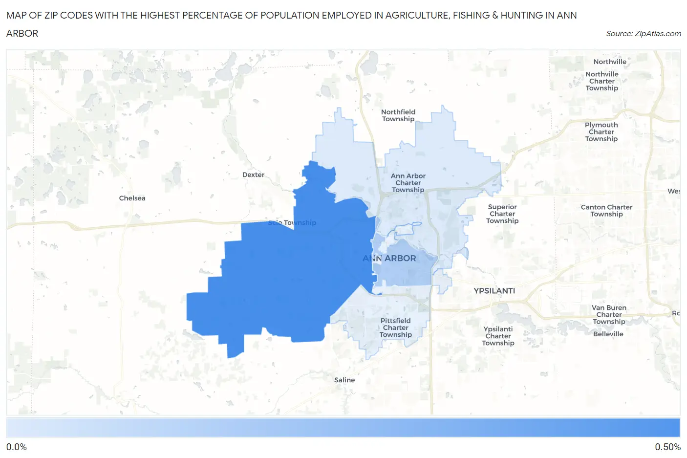 Zip Codes with the Highest Percentage of Population Employed in Agriculture, Fishing & Hunting in Ann Arbor Map
