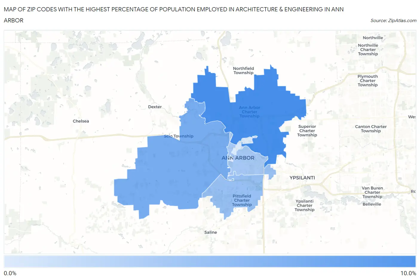Zip Codes with the Highest Percentage of Population Employed in Architecture & Engineering in Ann Arbor Map