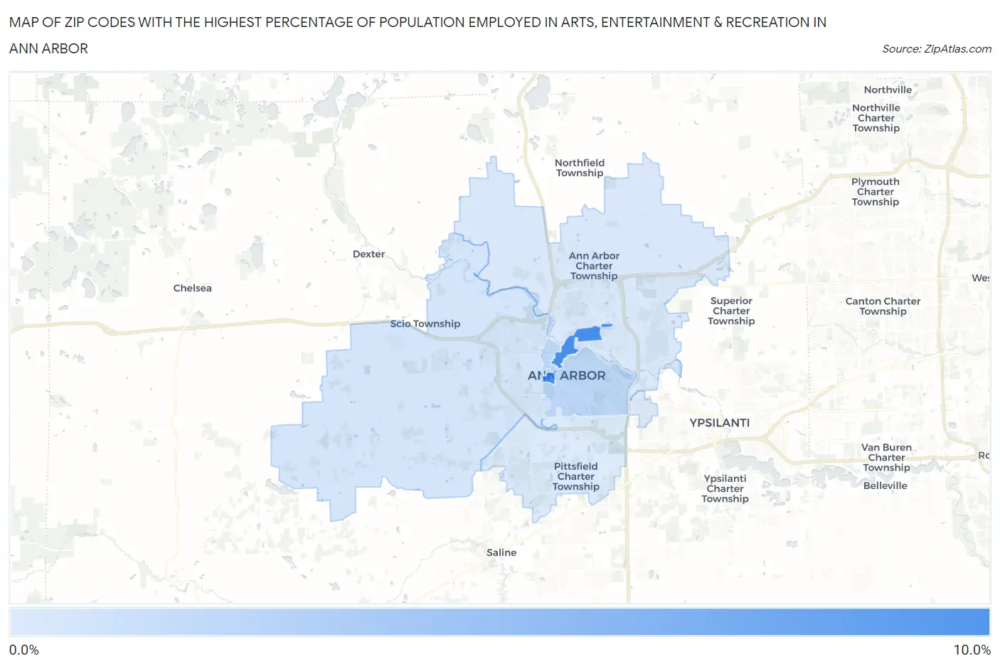 Zip Codes with the Highest Percentage of Population Employed in Arts, Entertainment & Recreation in Ann Arbor Map