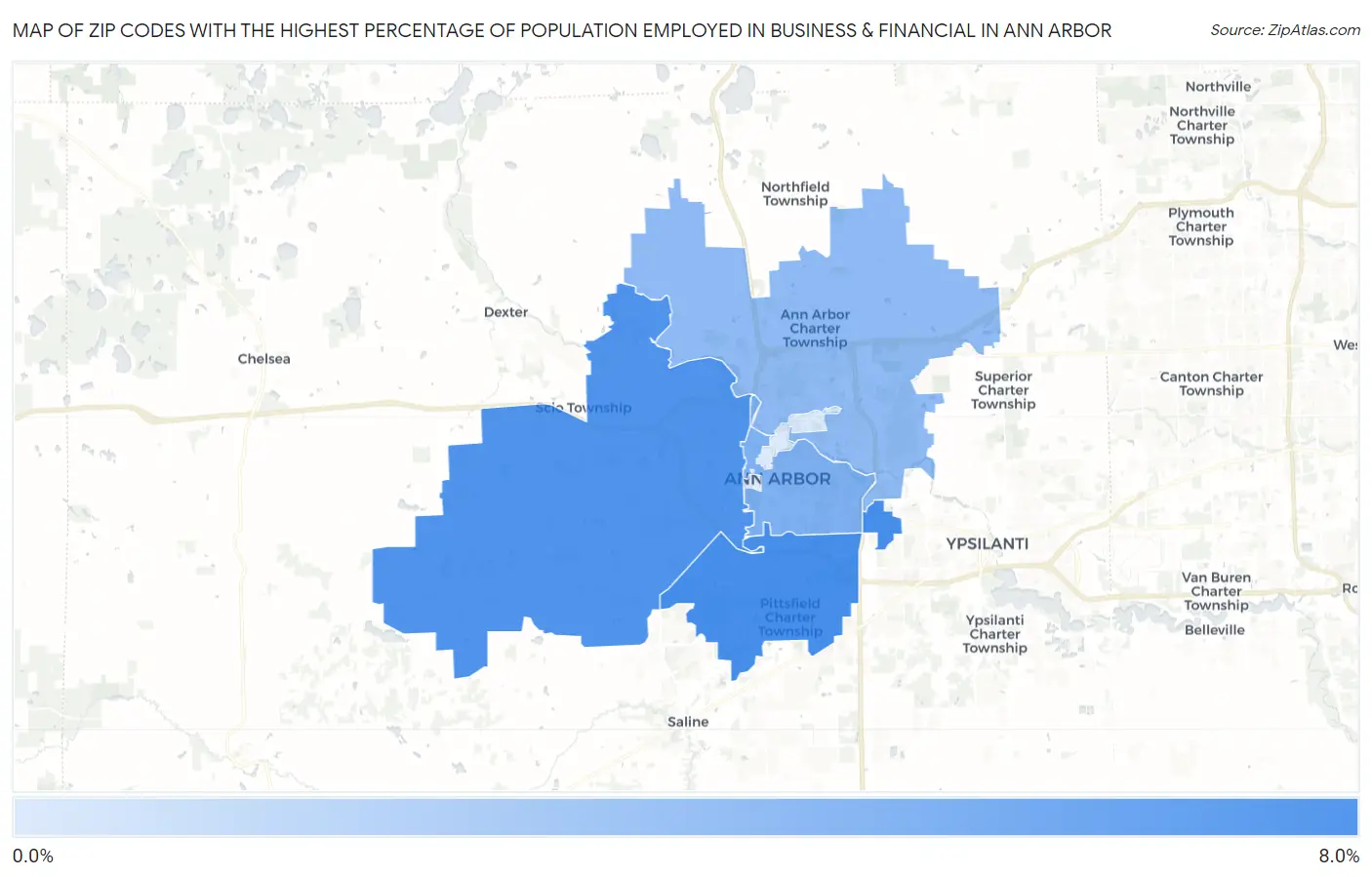 Zip Codes with the Highest Percentage of Population Employed in Business & Financial in Ann Arbor Map