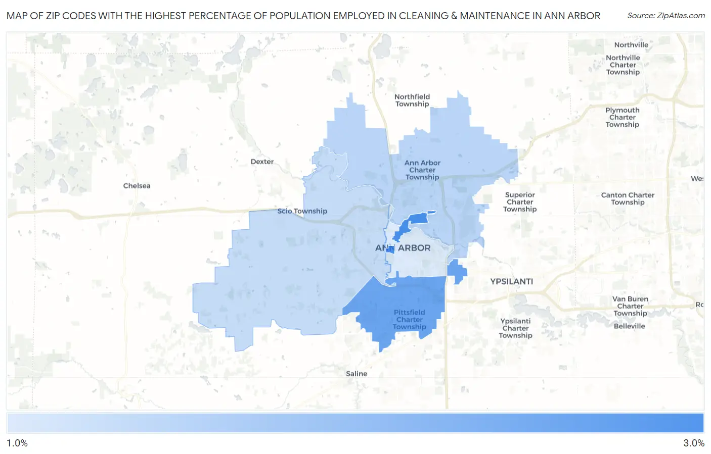 Zip Codes with the Highest Percentage of Population Employed in Cleaning & Maintenance in Ann Arbor Map
