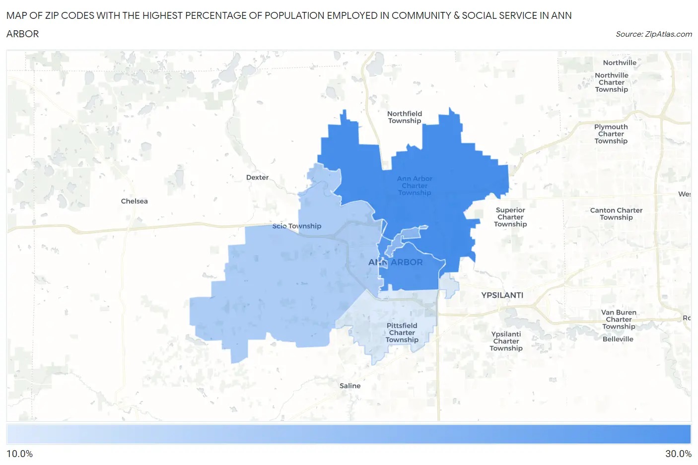 Zip Codes with the Highest Percentage of Population Employed in Community & Social Service  in Ann Arbor Map