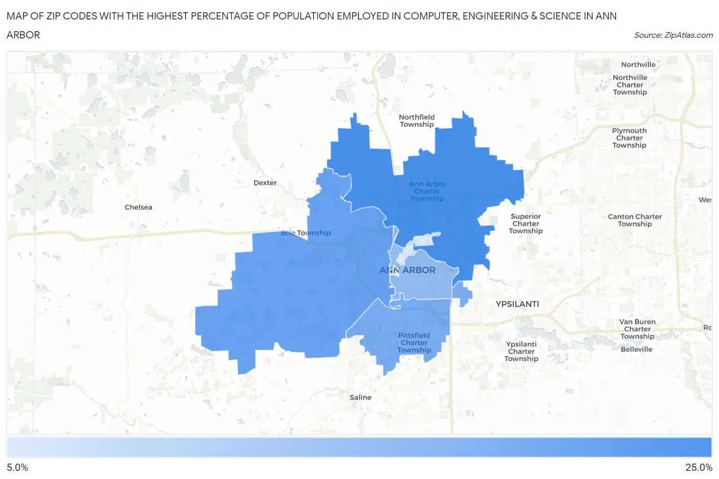 Zip Codes with the Highest Percentage of Population Employed in Computer, Engineering & Science in Ann Arbor Map