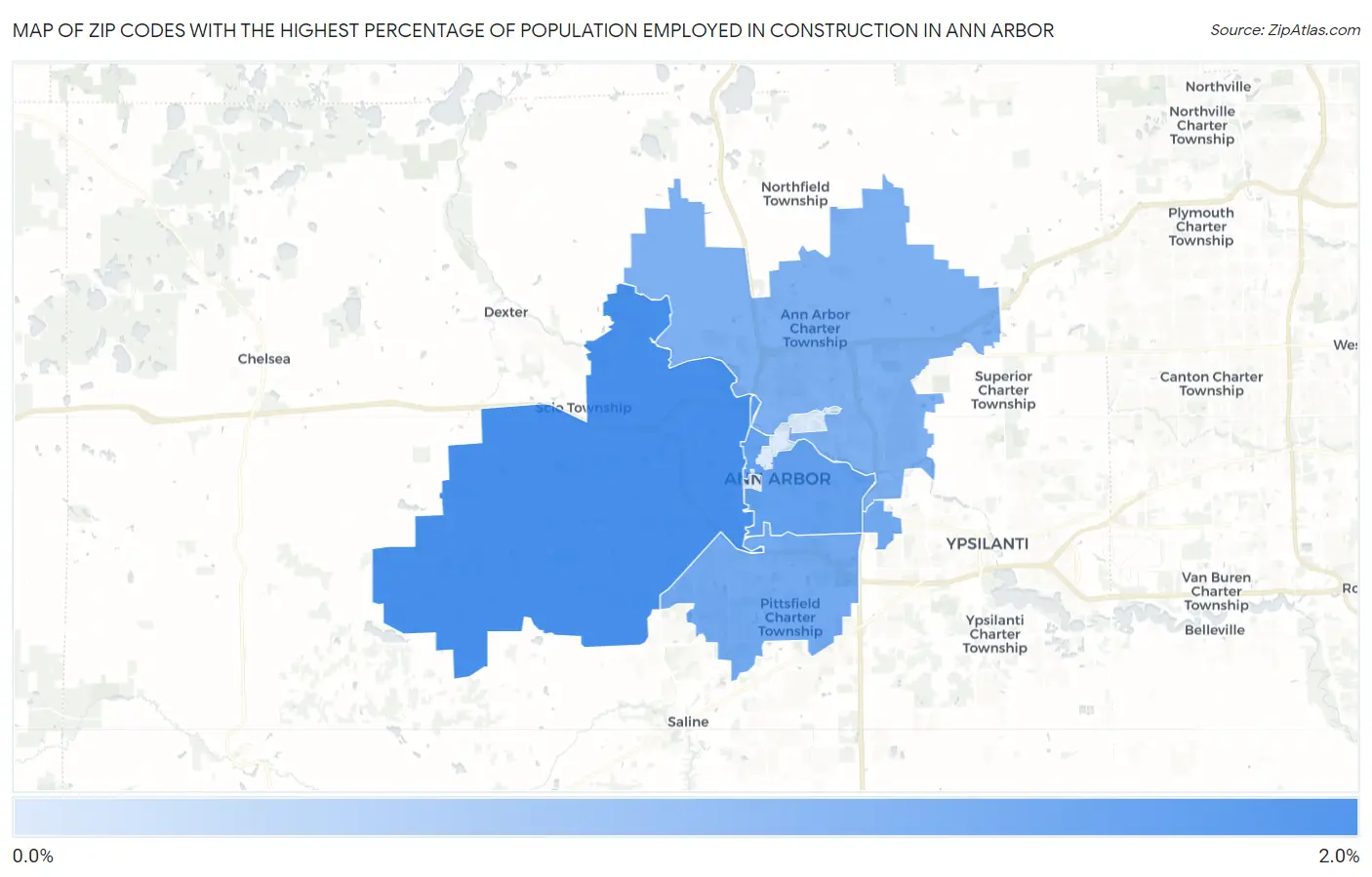 Zip Codes with the Highest Percentage of Population Employed in Construction in Ann Arbor Map