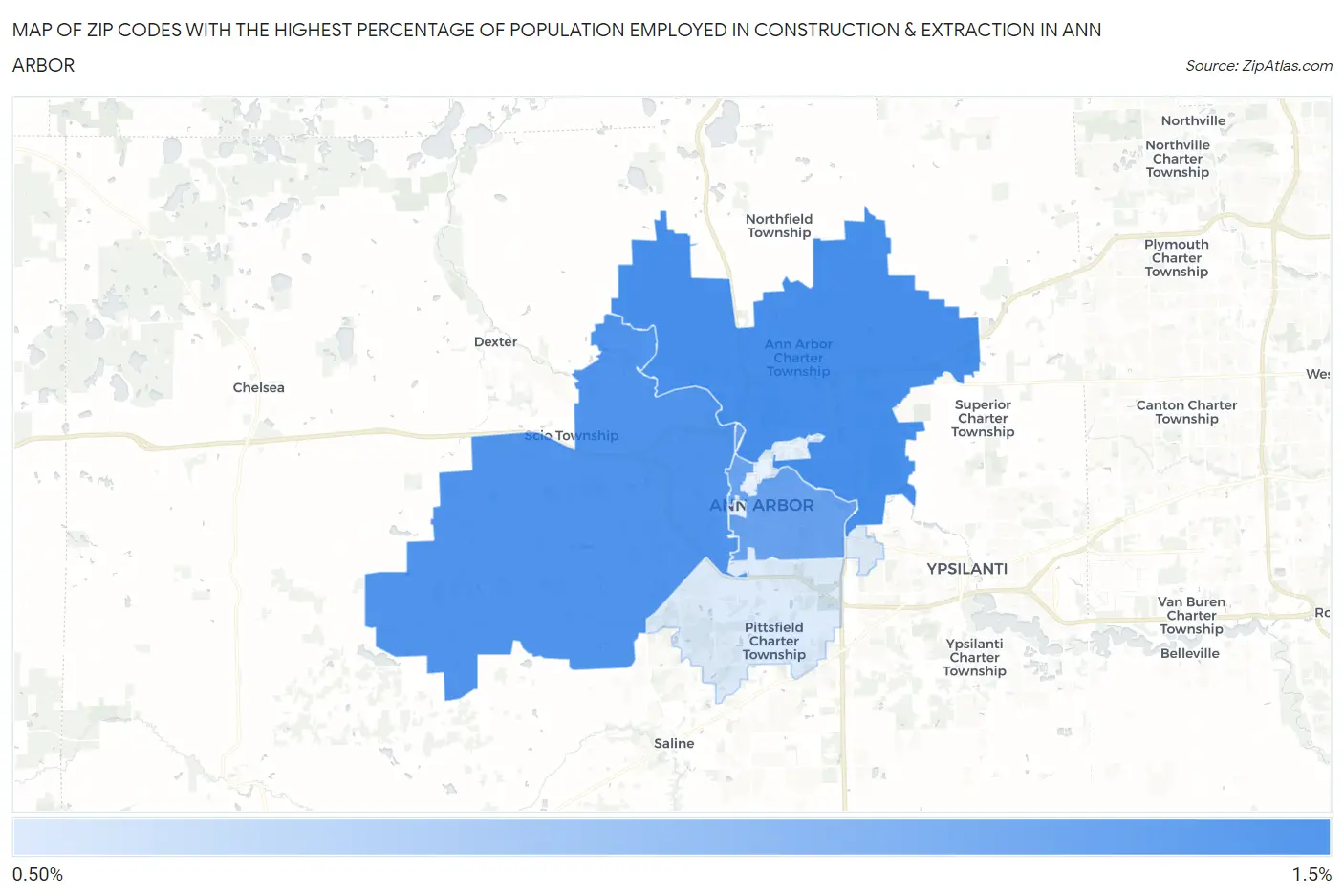 Zip Codes with the Highest Percentage of Population Employed in Construction & Extraction in Ann Arbor Map