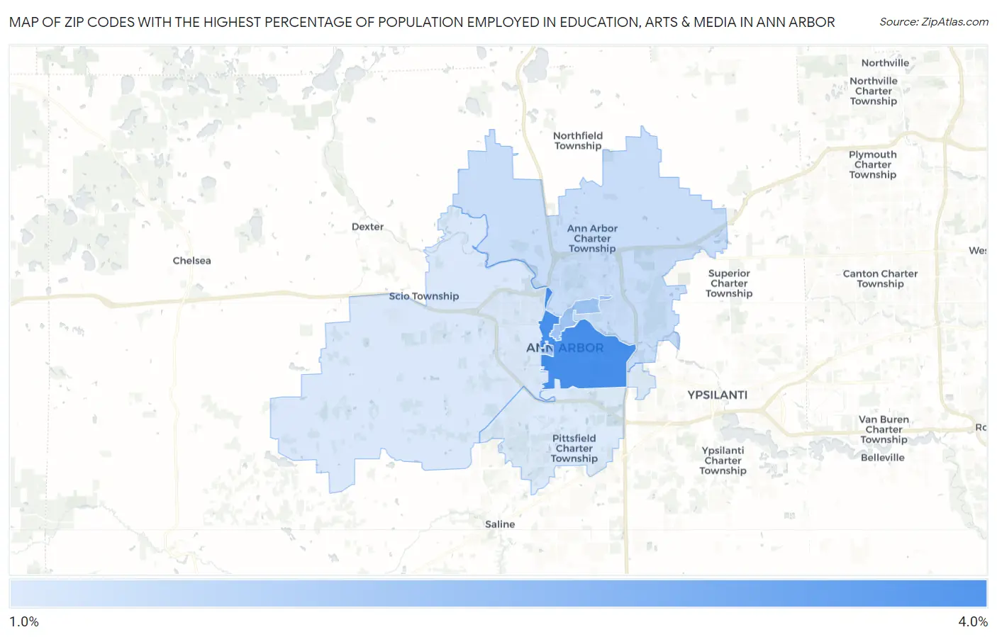 Zip Codes with the Highest Percentage of Population Employed in Education, Arts & Media in Ann Arbor Map