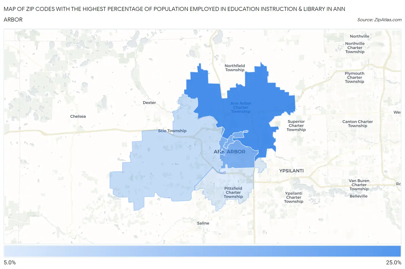 Zip Codes with the Highest Percentage of Population Employed in Education Instruction & Library in Ann Arbor Map
