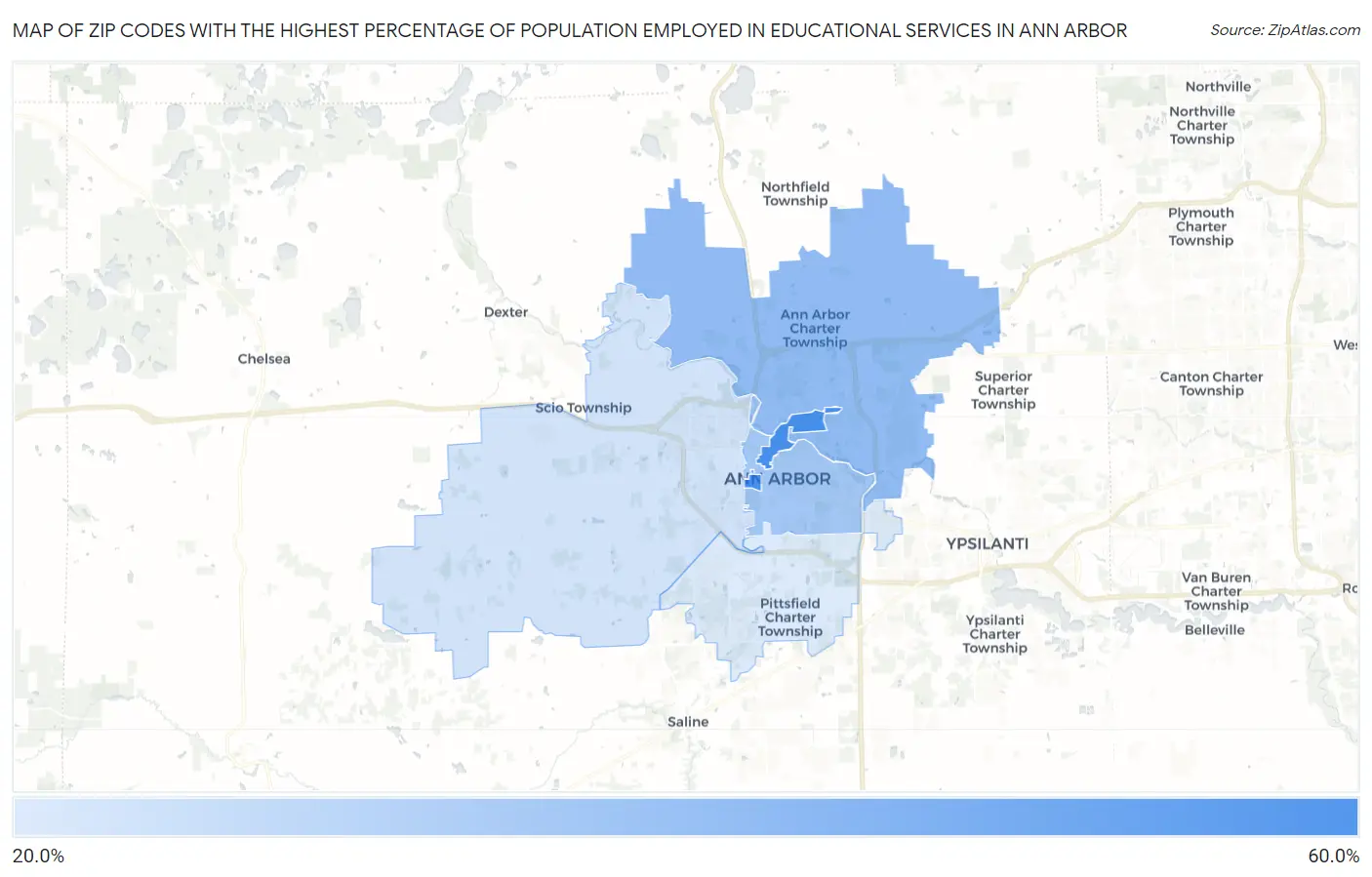 Zip Codes with the Highest Percentage of Population Employed in Educational Services in Ann Arbor Map