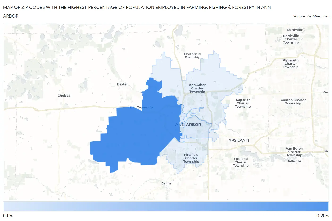 Zip Codes with the Highest Percentage of Population Employed in Farming, Fishing & Forestry in Ann Arbor Map