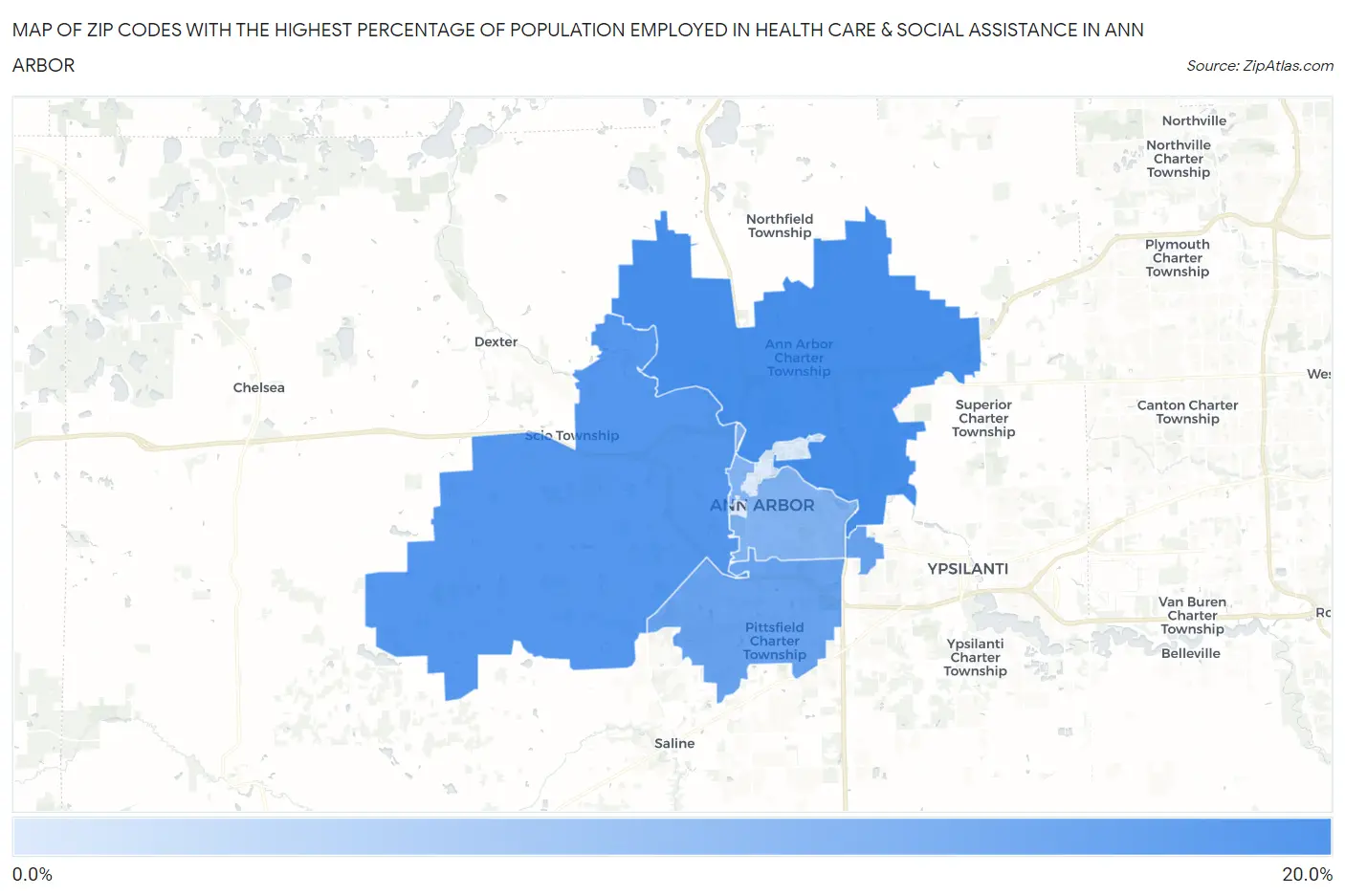 Zip Codes with the Highest Percentage of Population Employed in Health Care & Social Assistance in Ann Arbor Map