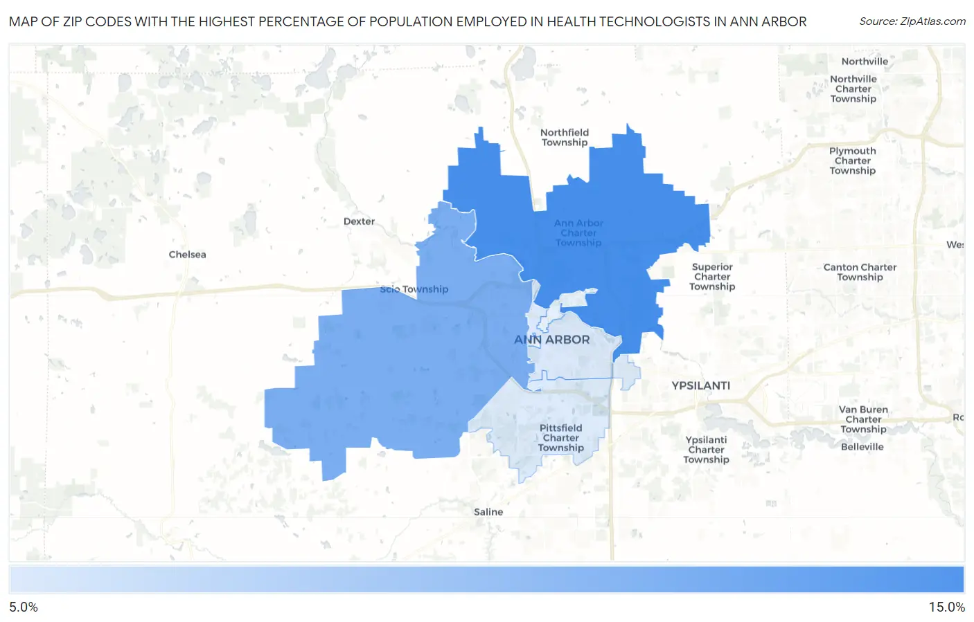 Zip Codes with the Highest Percentage of Population Employed in Health Technologists in Ann Arbor Map