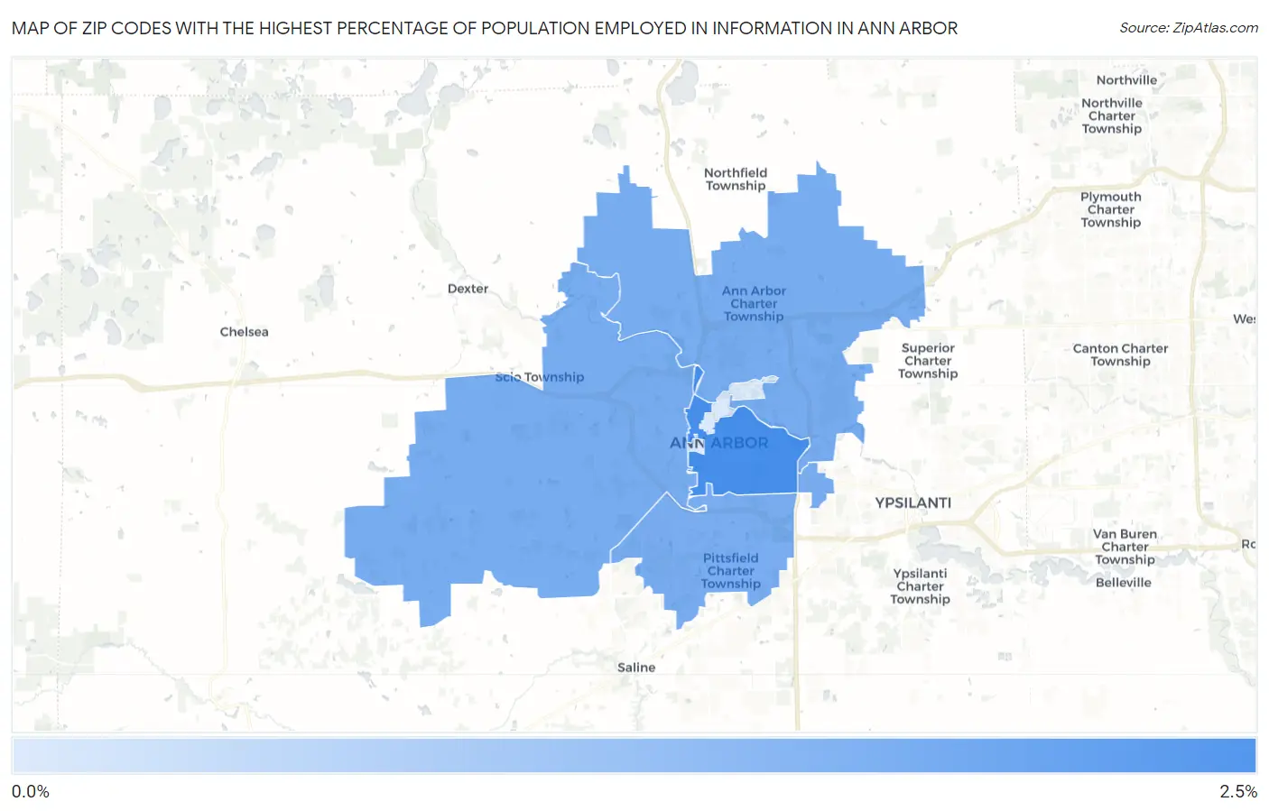 Zip Codes with the Highest Percentage of Population Employed in Information in Ann Arbor Map