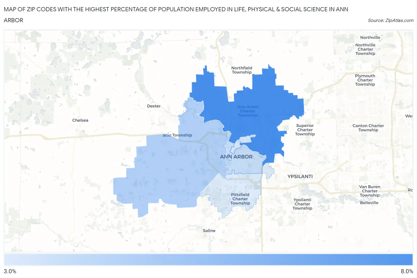 Zip Codes with the Highest Percentage of Population Employed in Life, Physical & Social Science in Ann Arbor Map