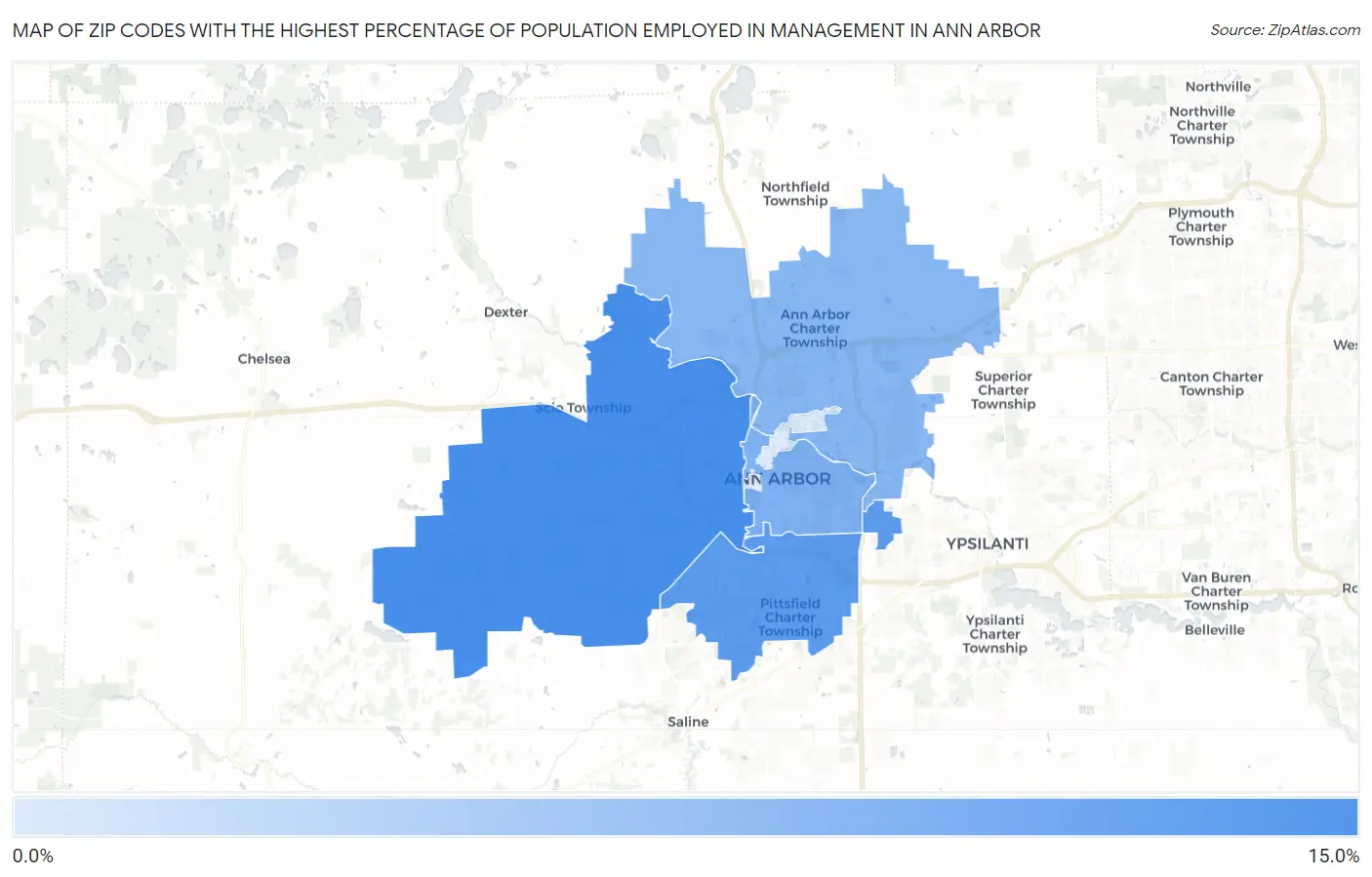 Zip Codes with the Highest Percentage of Population Employed in Management in Ann Arbor Map