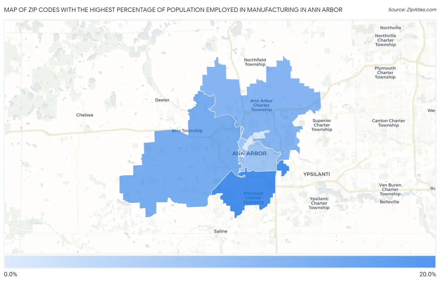 Zip Codes with the Highest Percentage of Population Employed in Manufacturing in Ann Arbor Map