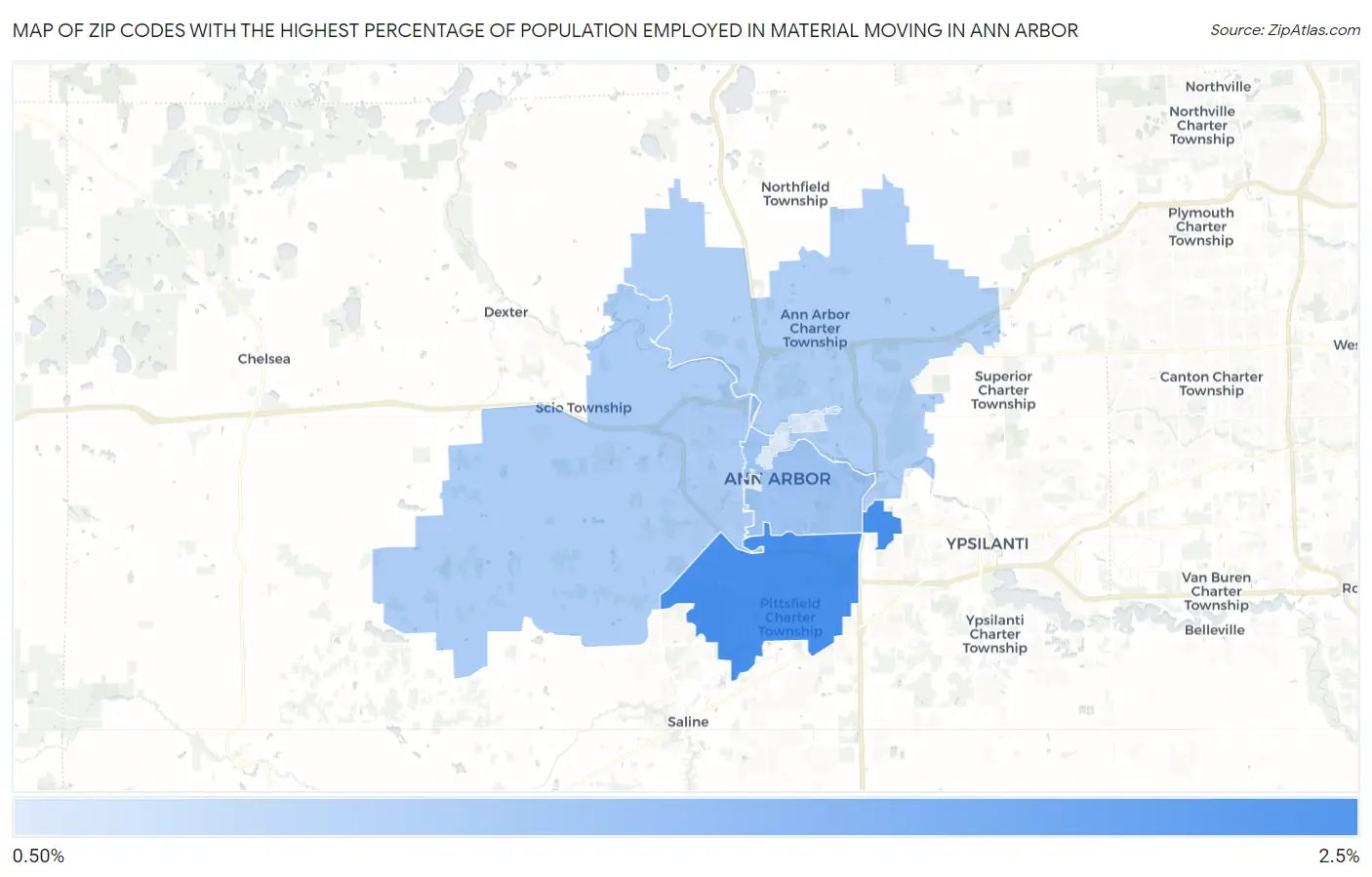 Zip Codes with the Highest Percentage of Population Employed in Material Moving in Ann Arbor Map
