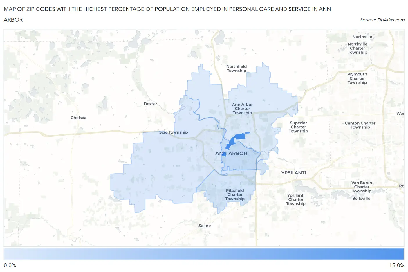 Zip Codes with the Highest Percentage of Population Employed in Personal Care and Service in Ann Arbor Map