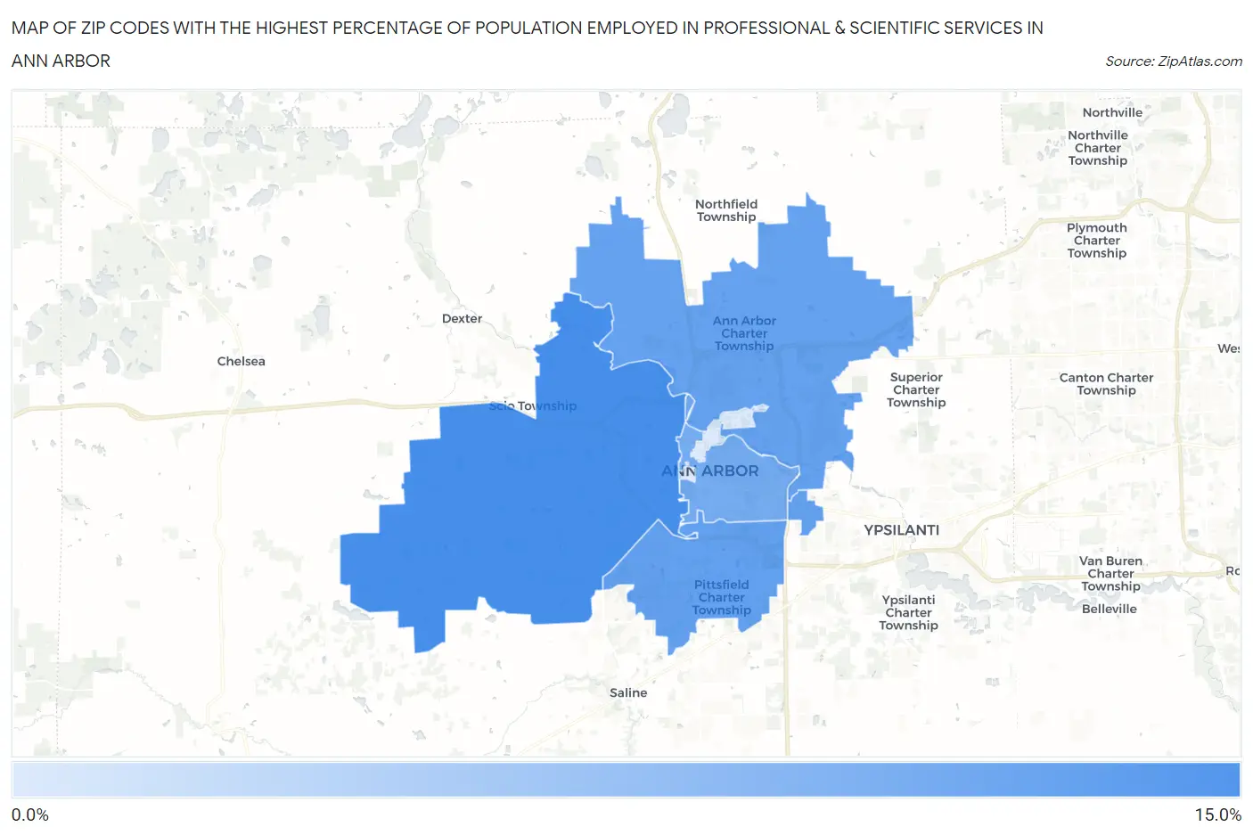 Zip Codes with the Highest Percentage of Population Employed in Professional & Scientific Services in Ann Arbor Map