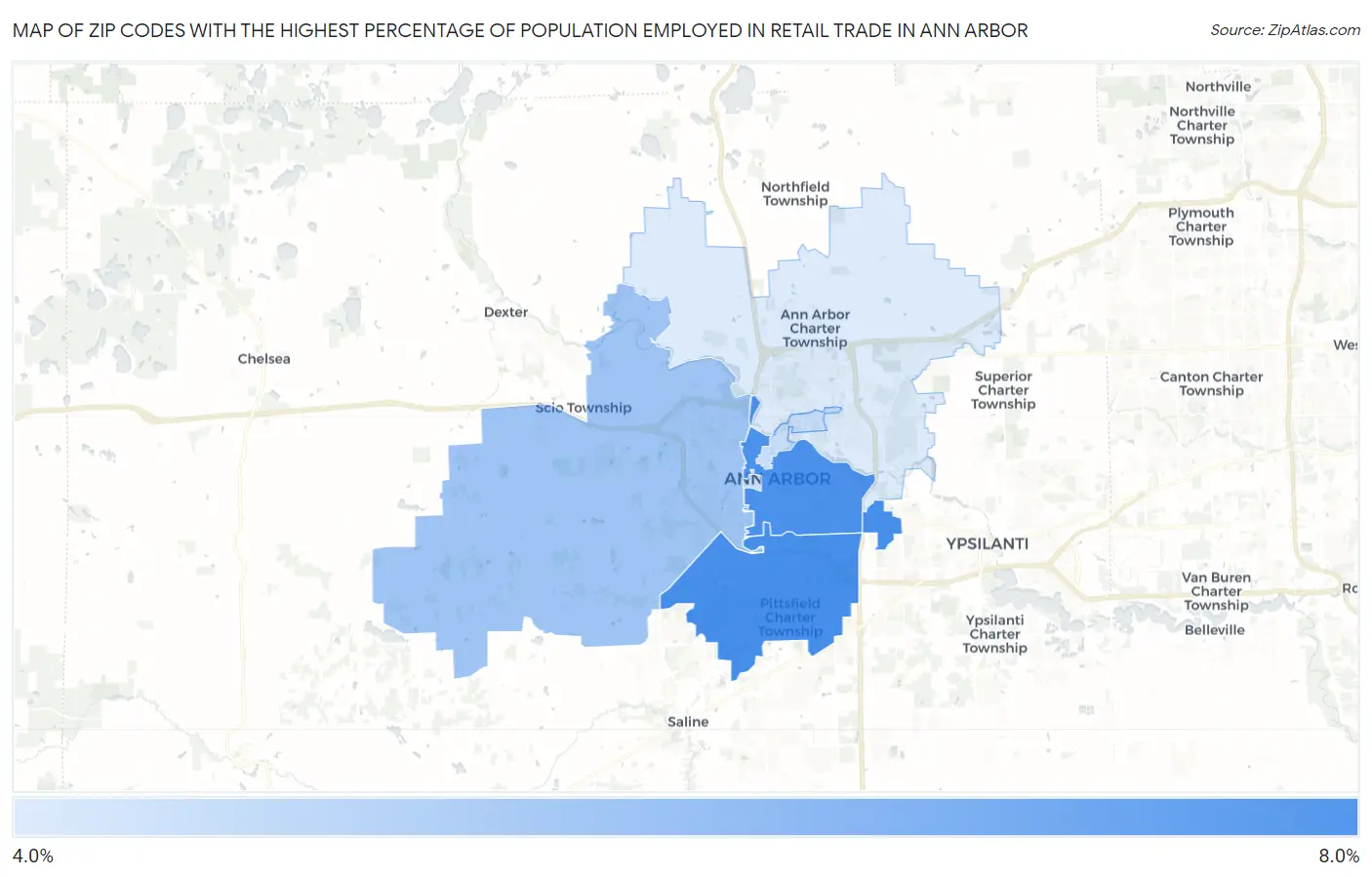 Zip Codes with the Highest Percentage of Population Employed in Retail Trade in Ann Arbor Map