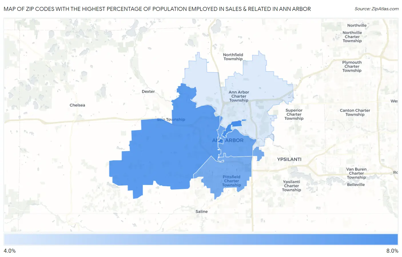 Zip Codes with the Highest Percentage of Population Employed in Sales & Related in Ann Arbor Map