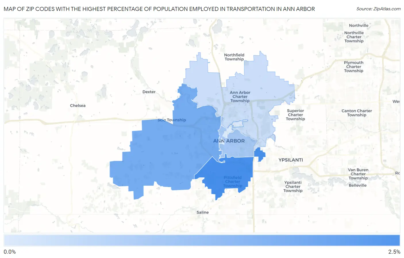 Zip Codes with the Highest Percentage of Population Employed in Transportation in Ann Arbor Map