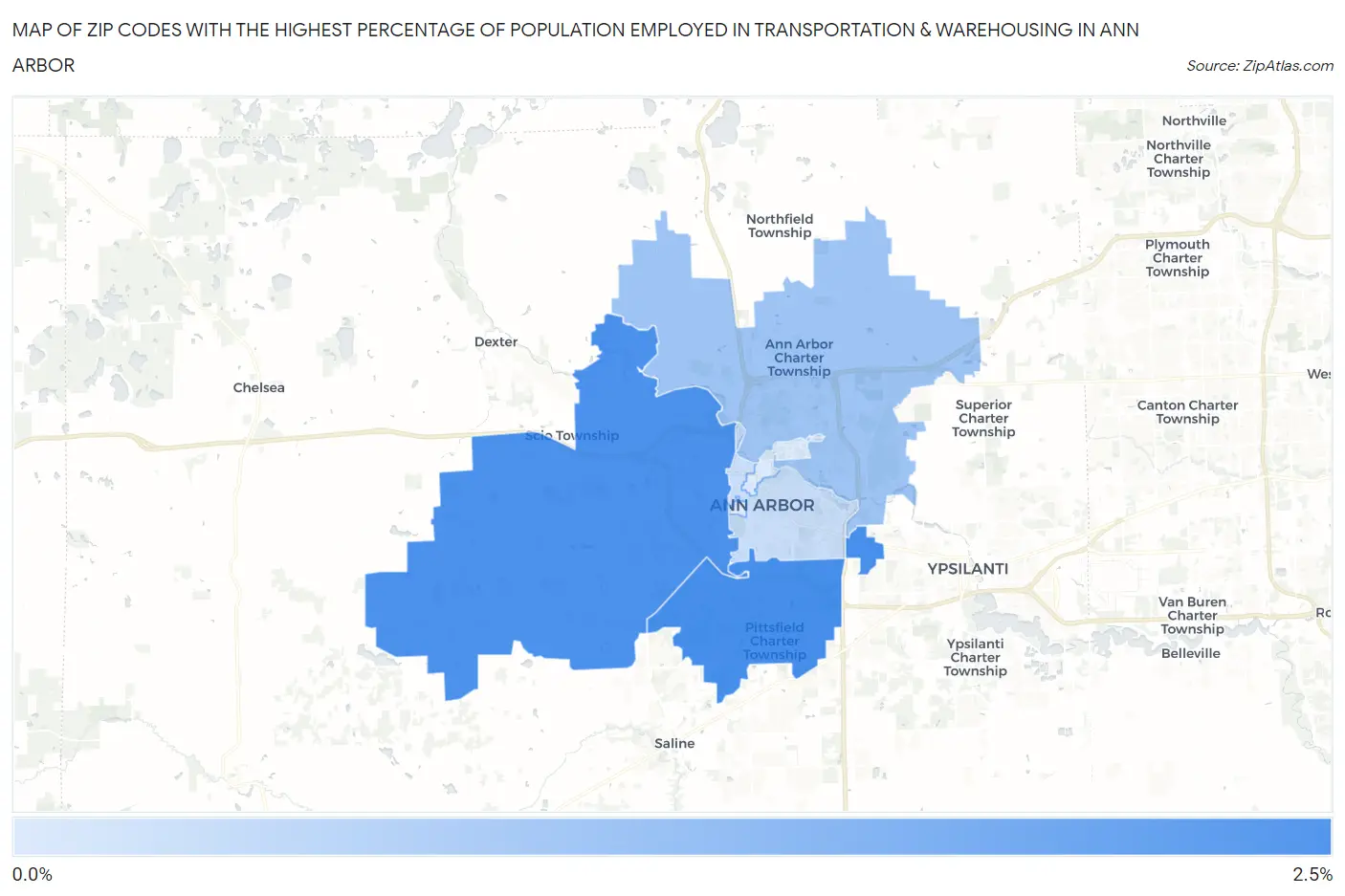 Zip Codes with the Highest Percentage of Population Employed in Transportation & Warehousing in Ann Arbor Map