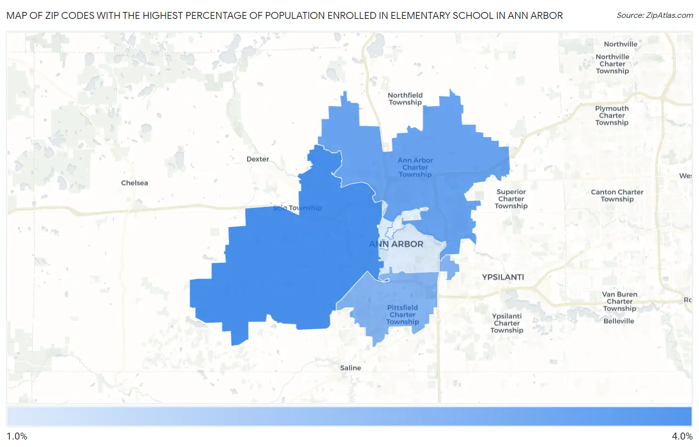 Zip Codes with the Highest Percentage of Population Enrolled in Elementary School in Ann Arbor Map