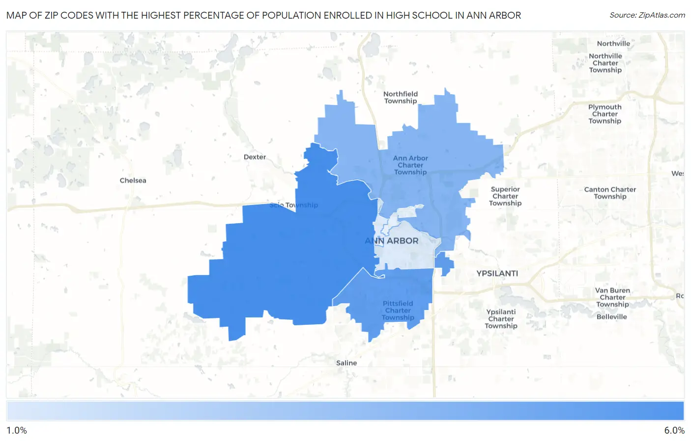 Zip Codes with the Highest Percentage of Population Enrolled in High School in Ann Arbor Map