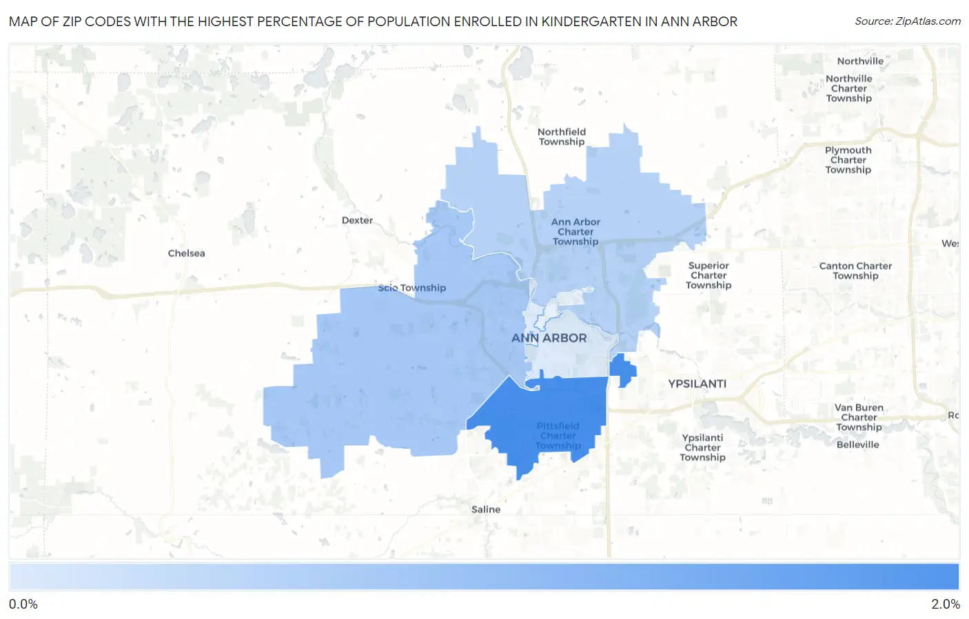 Zip Codes with the Highest Percentage of Population Enrolled in Kindergarten in Ann Arbor Map