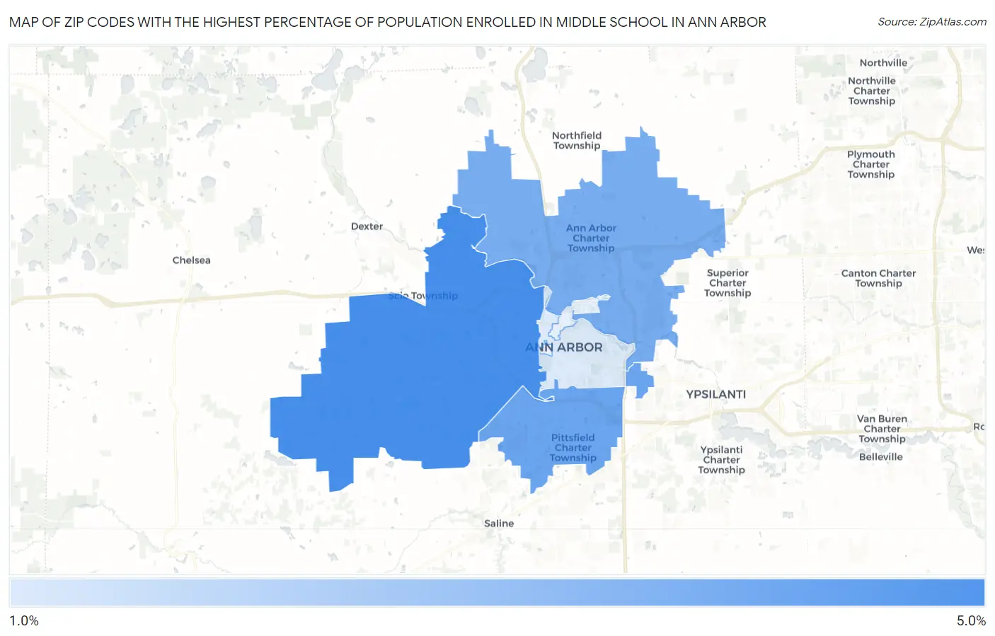 Zip Codes with the Highest Percentage of Population Enrolled in Middle School in Ann Arbor Map