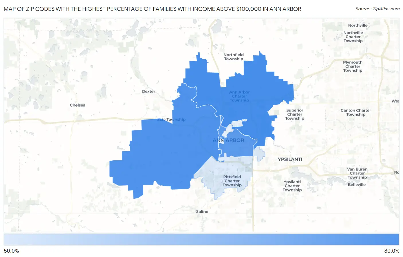 Zip Codes with the Highest Percentage of Families with Income Above $100,000 in Ann Arbor Map