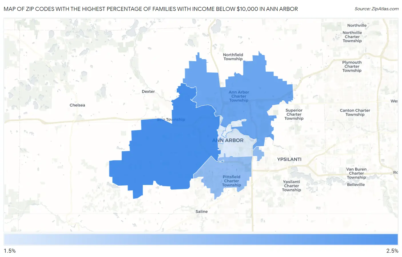 Zip Codes with the Highest Percentage of Families with Income Below $10,000 in Ann Arbor Map