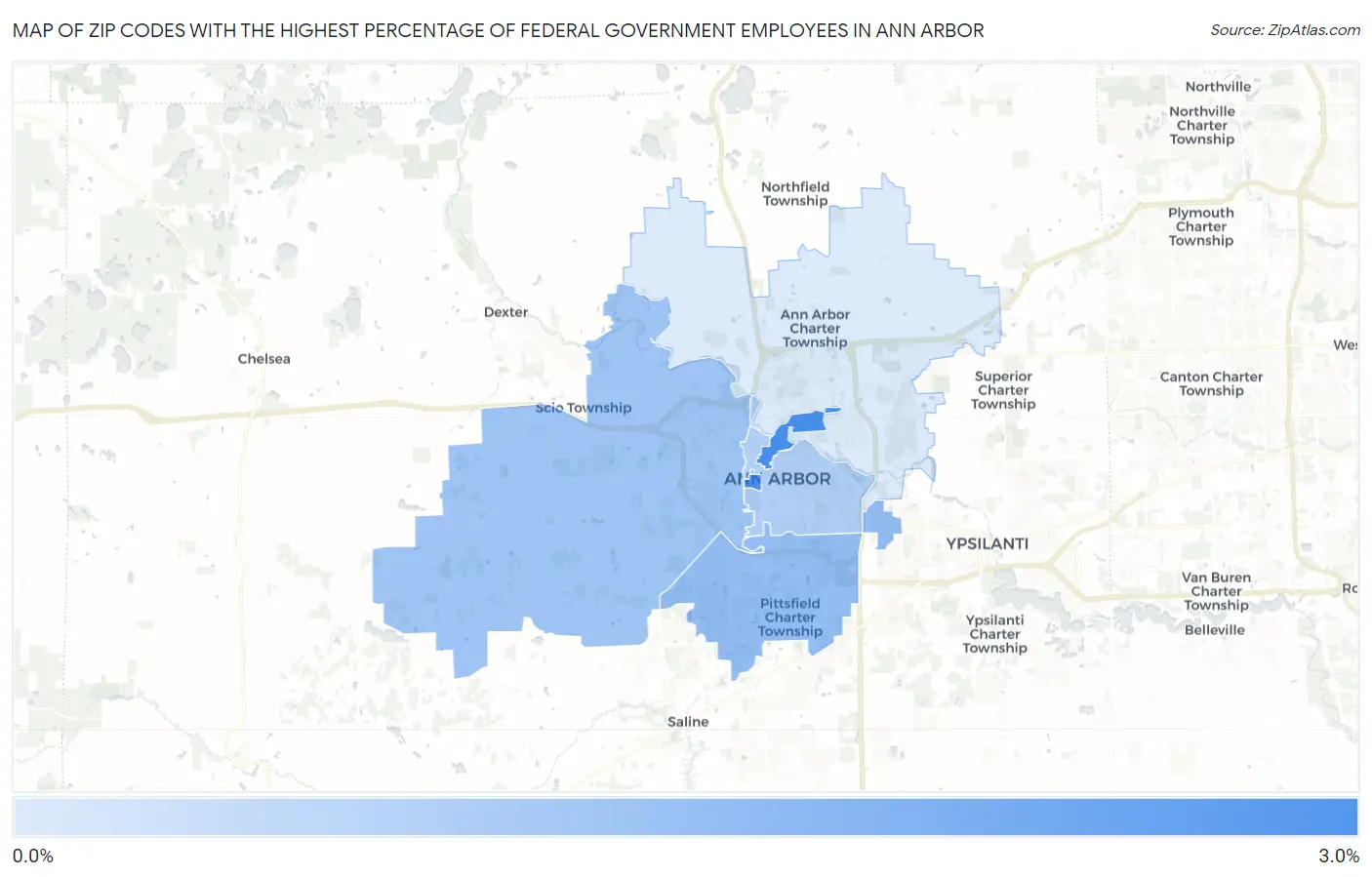 Zip Codes with the Highest Percentage of Federal Government Employees in Ann Arbor Map