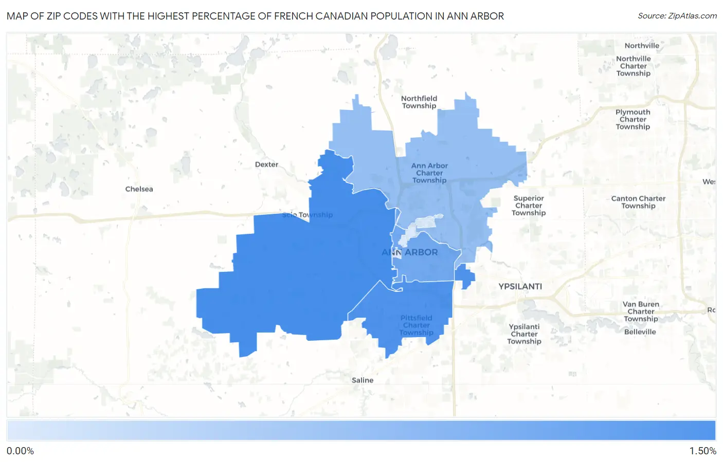 Zip Codes with the Highest Percentage of French Canadian Population in Ann Arbor Map