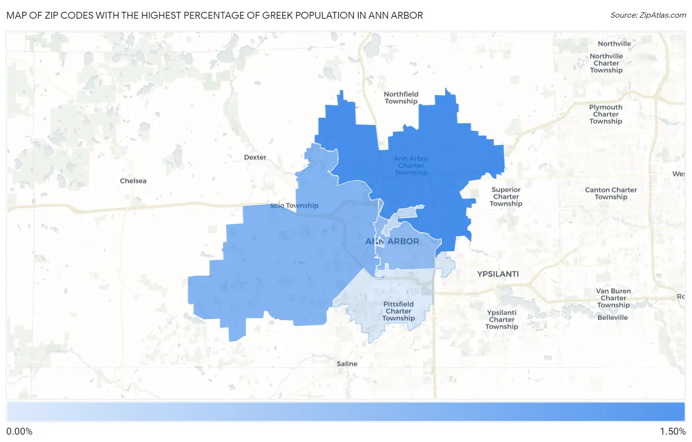 Zip Codes with the Highest Percentage of Greek Population in Ann Arbor Map